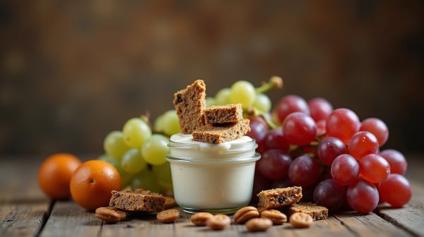 Collations de sportif : barres, fruits secs, yaourts