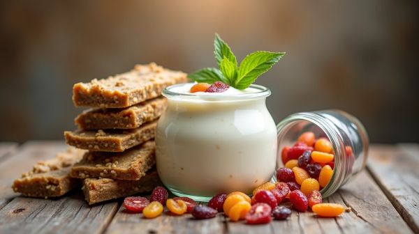 Collations de sportif : barres, fruits secs, yaourts